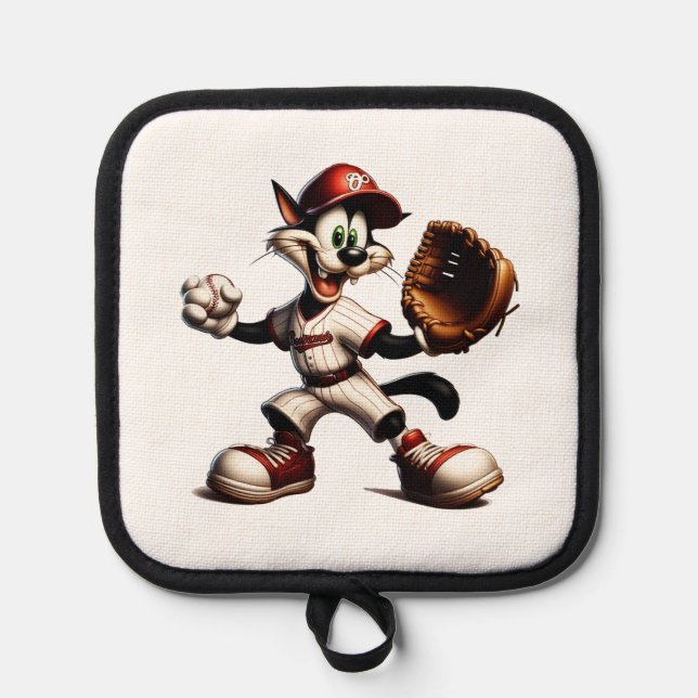 Goofy Cat Baseball Pitcher Winds Up Pot Holder (Front)
