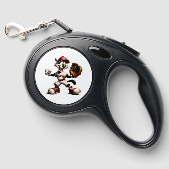 Goofy Cat Baseball Pitcher Winds Up Retractable Pet Leash (Front)