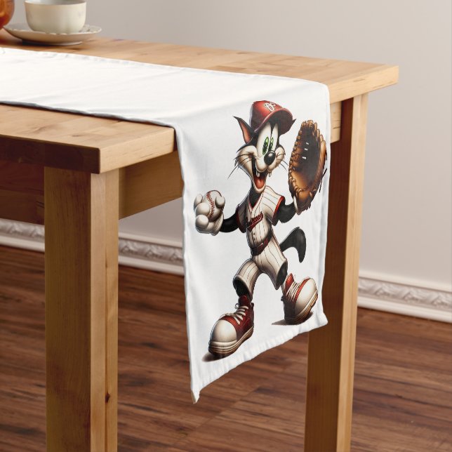 Goofy Cat Baseball Pitcher Winds Up Short Table Runner (In Situ)
