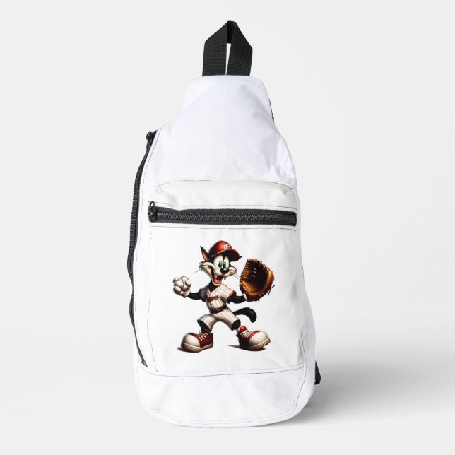 Goofy Cat Baseball Pitcher Winds Up Sling Bag (Front)