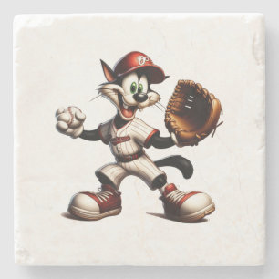 Goofy Cat Baseball Pitcher Winds Up Stone Coaster