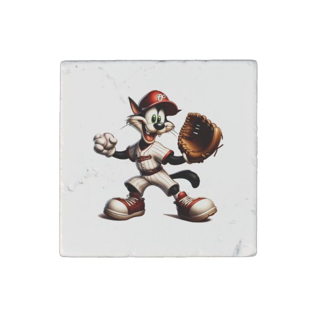 Goofy Cat Baseball Pitcher Winds Up Stone Magnet (Front)