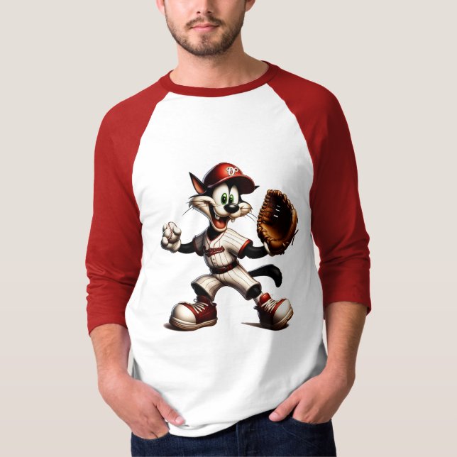 Goofy Cat Baseball Pitcher Winds Up T-Shirt (Front)