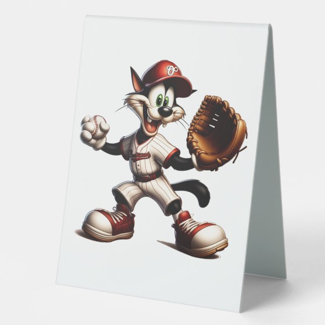 Goofy Cat Baseball Pitcher Winds Up Table Tent (Front)