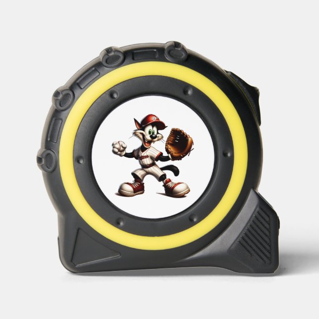 Goofy Cat Baseball Pitcher Winds Up Tape Measure (Front)