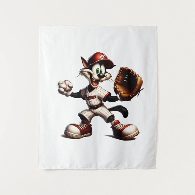Goofy Cat Baseball Pitcher Winds Up Tapestry (Front)