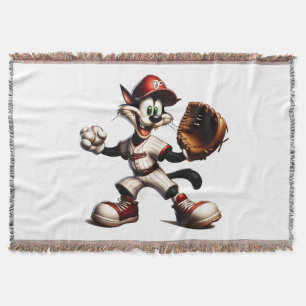 Goofy Cat Baseball Pitcher Winds Up Throw Blanket