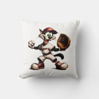 Goofy Cat Baseball Pitcher Winds Up Throw Pillow