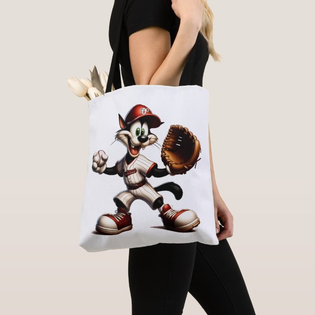 Goofy Cat Baseball Pitcher Winds Up Tote Bag (Close Up)