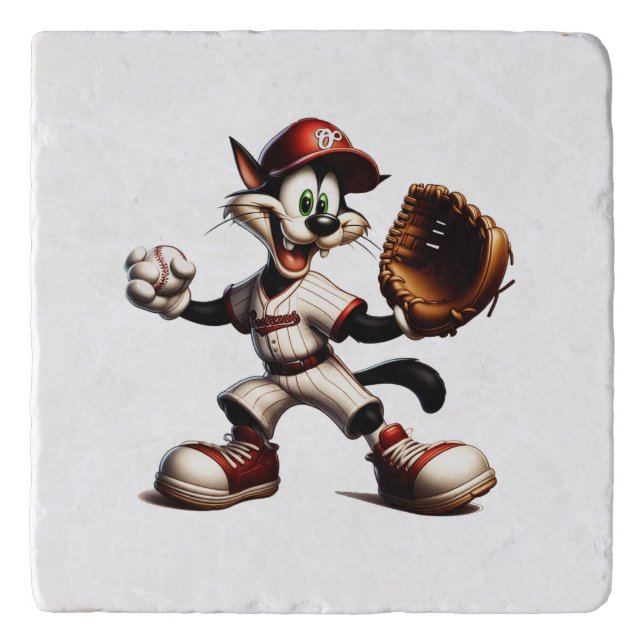 Goofy Cat Baseball Pitcher Winds Up Trivet (Front)