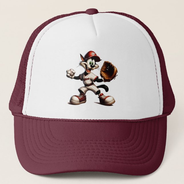 Goofy Cat Baseball Pitcher Winds Up Trucker Hat (Front)