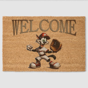 Goofy Cat Baseball Pitcher Winds Up Welcome Fiber Doormat
