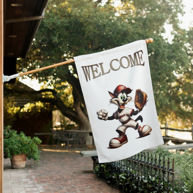 Goofy Cat Baseball Pitcher Winds Up Welcome House Flag (In SItu)