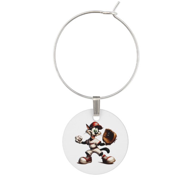 Goofy Cat Baseball Pitcher Winds Up Wine Charm (Front)