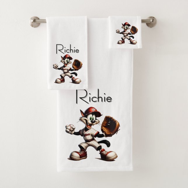 Goofy Cat Baseball Pitcher Winds Up with Name Bath Towel Set (Insitu)