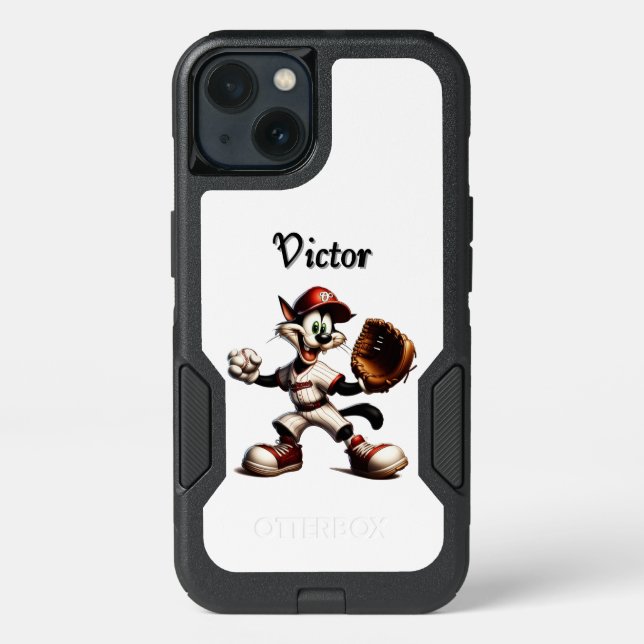 Goofy Cat Baseball Pitcher Winds Up with Name Otterbox iPhone Case (Back)