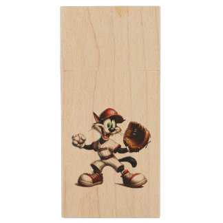 Goofy Cat Baseball Pitcher Winds Up Wood Flash Drive