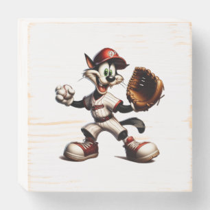 Goofy Cat Baseball Pitcher Winds Up Wooden Box Sign