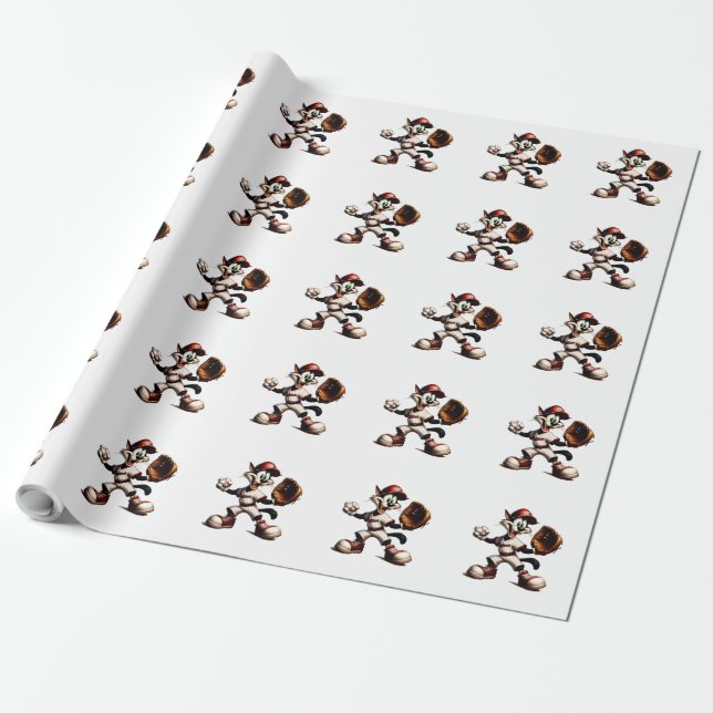 Goofy Cat Baseball Pitcher Winds Up Wrapping Paper (Unrolled)