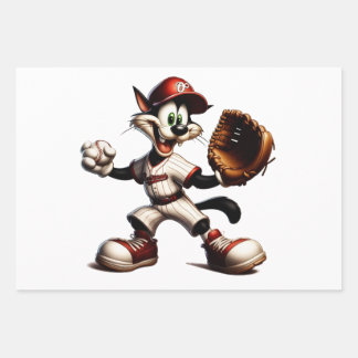 Goofy Cat Baseball Pitcher Winds Up Wrapping Paper Sheets