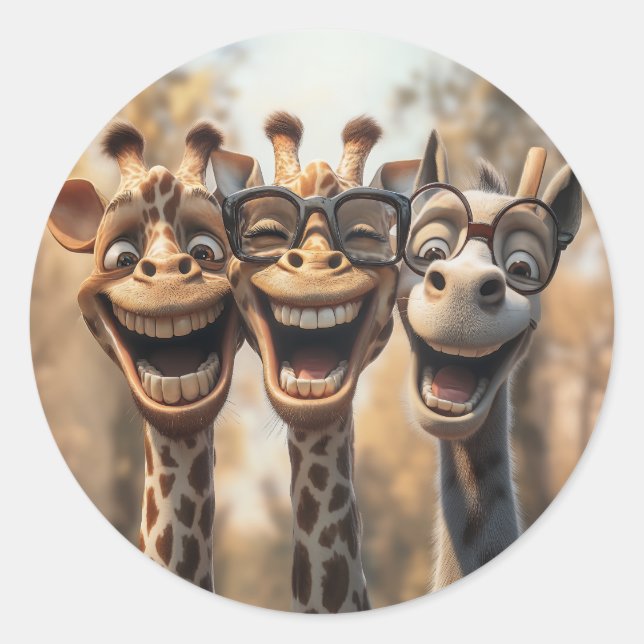 Goofy Giraffes in Glasses Classic Round Sticker (Front)