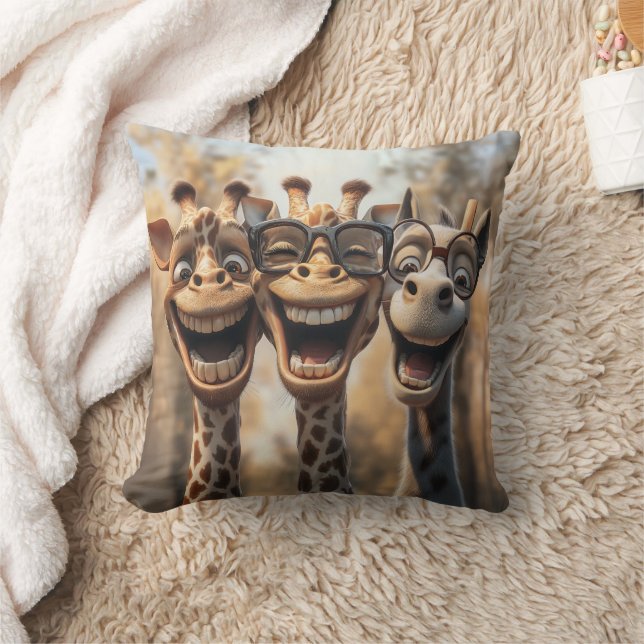 Goofy Giraffes in Glasses Throw Pillow (Blanket)