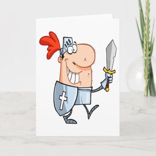 goofy knight in shining armor with sword cartoon card