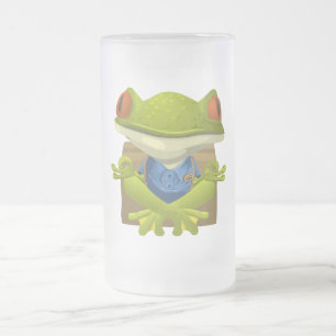 Goofy Little Meditating Green Tree Frog Frosted Glass Beer Mug