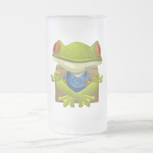 Goofy Little Meditating Green Tree Frog Frosted Glass Beer Mug