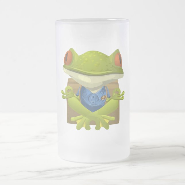 Goofy Little Meditating Green Tree Frog Frosted Glass Beer Mug (Center)