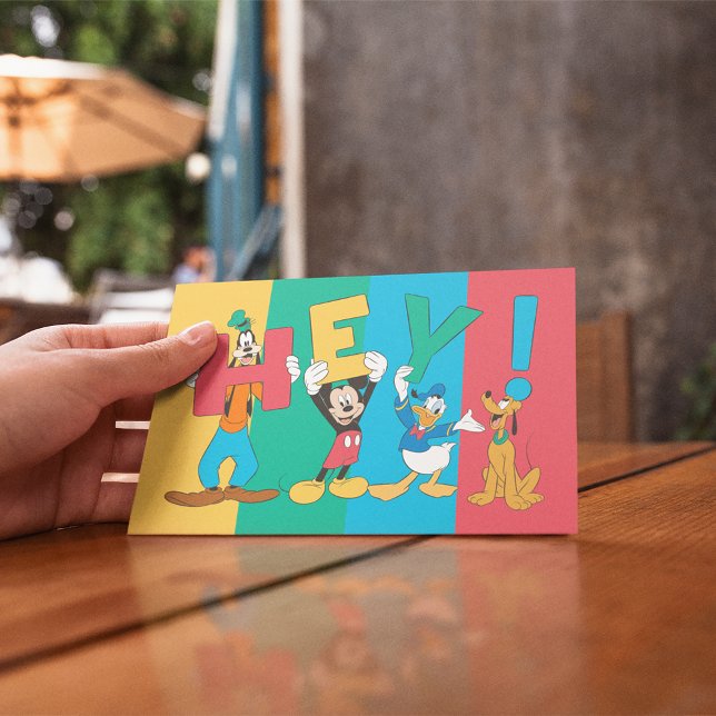 Goofy, Mickey, Donald, Pluto - Hey! Postcard (Person holding postcard)