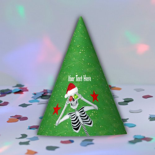 Goofy Skeleton Holding Ornaments Santa Hat Green