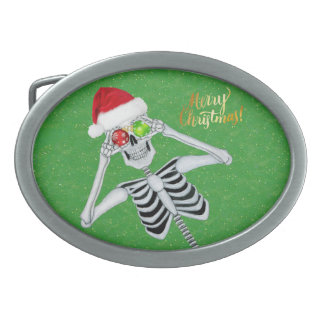 Goofy Skeleton Ornaments Santa Hat on Green  Belt Buckle