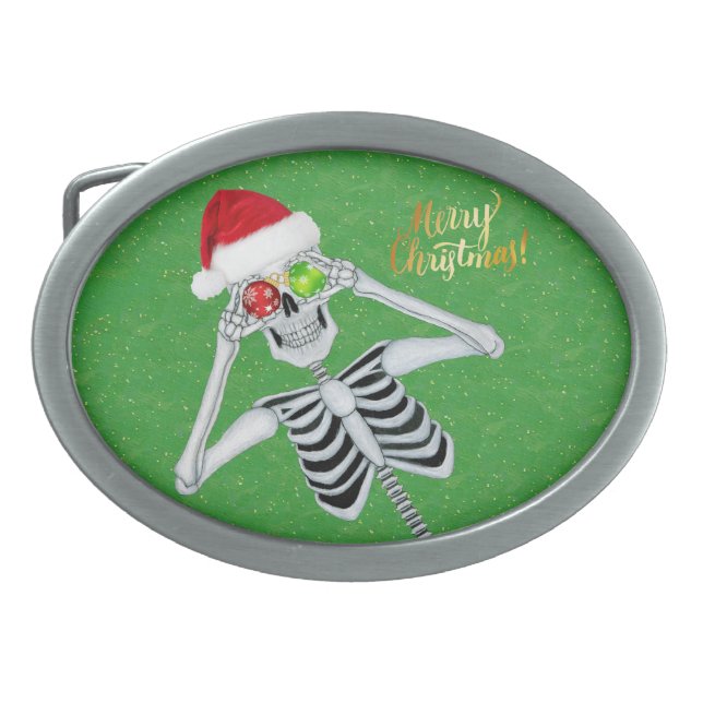 Goofy Skeleton Ornaments Santa Hat on Green  Belt Buckle (Front)