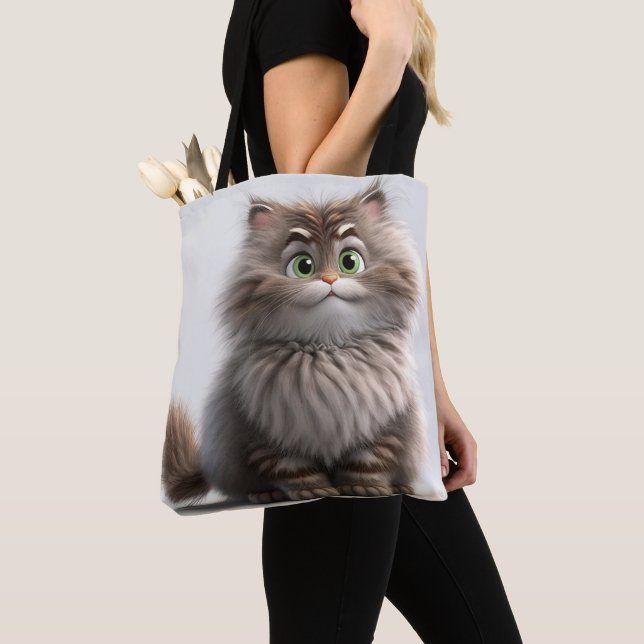 GOOFY SMILING GRAY TABBY CARTOON CAT TOTE BAG (Close Up)