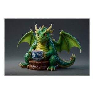 Goofy Welsh Dragon Drinking Tea Poster