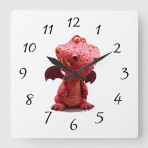 Goofy winged Red Dragon with crazy Smile Square Wall Clock