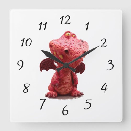 Goofy winged Red Dragon with crazy Smile Square Wall Clock
