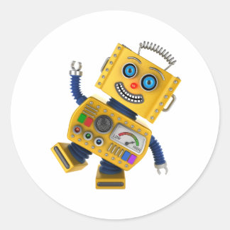 Goofy yellow toy robot classic round sticker