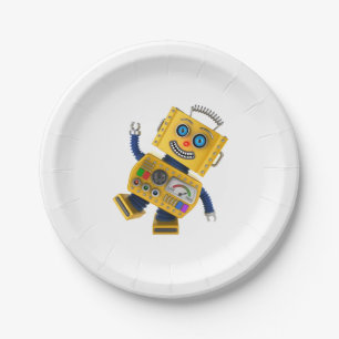Goofy yellow toy robot paper plates