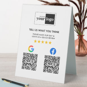 Google & Facebook Reviews Business QR Code & Logo Table Tent