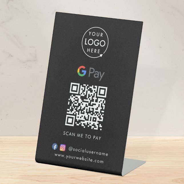 Google Pay QR Code | Black Contactless Payment Pedestal Sign (Interactive "scan to pay” QR code cash wrap table sign for collecting digital payment by Google Pay.)
