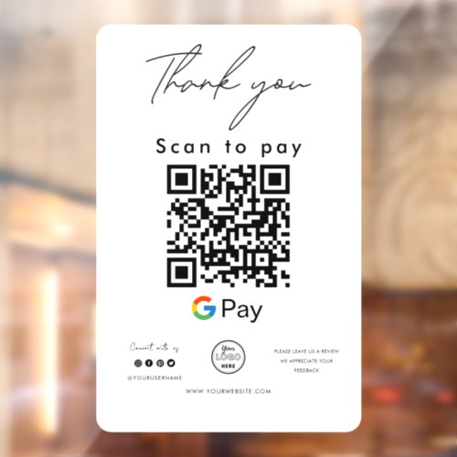 Google Pay QR Code Logo Scan to Pay Thank you Window Cling