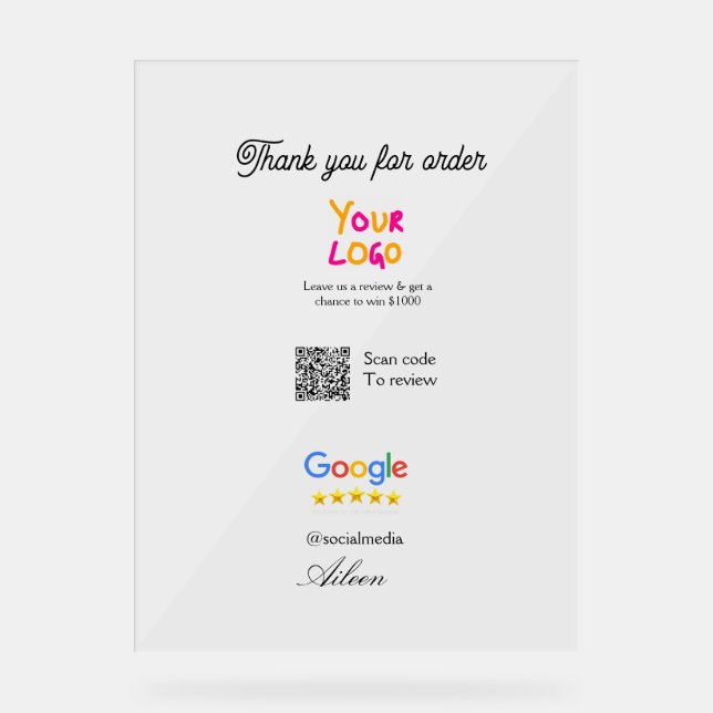 Google review business logo website scan QR code Acrylic Sign (Front)