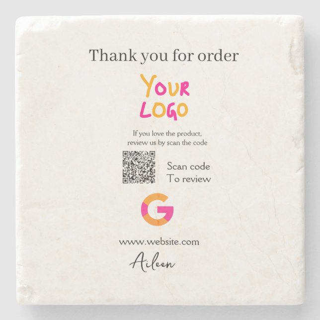 Google review business logo website scan QR code Stone Coaster (Front)