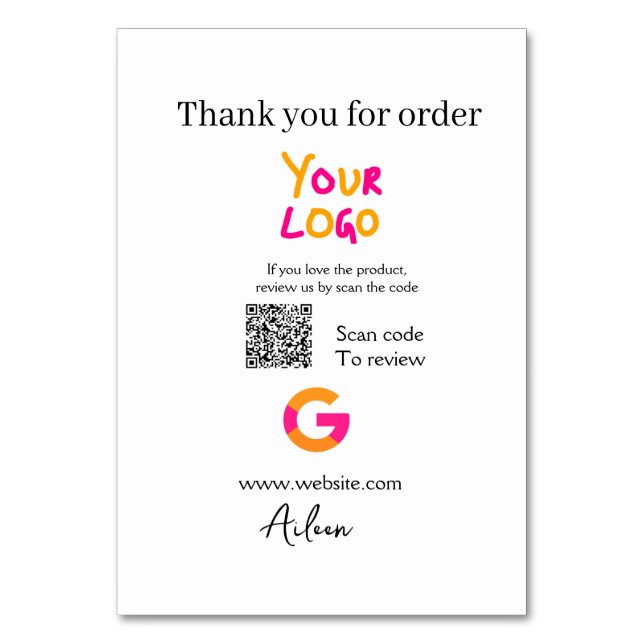 Google review business logo website scan QR code Table Number (Front)