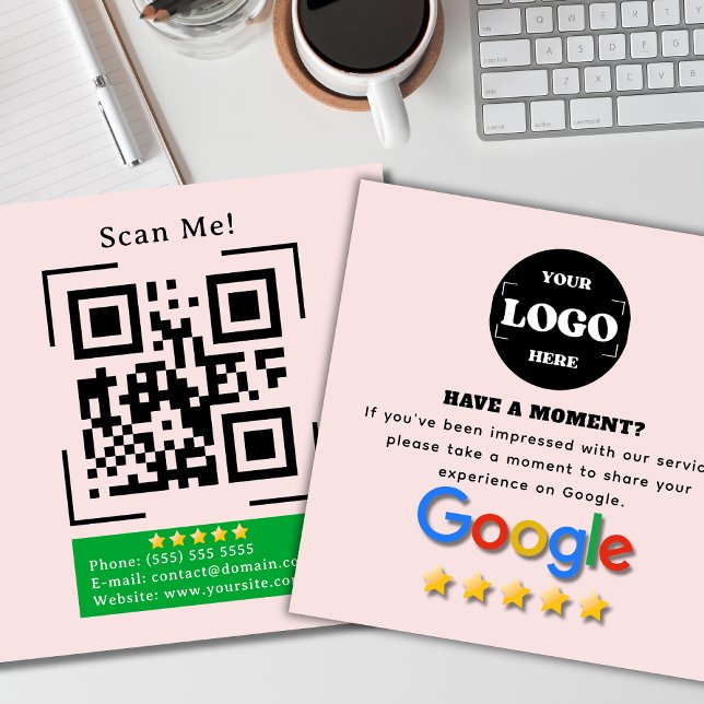 Google Review | QR Code | Blush Pink Modern  Square Business Card (Creator Uploaded)
