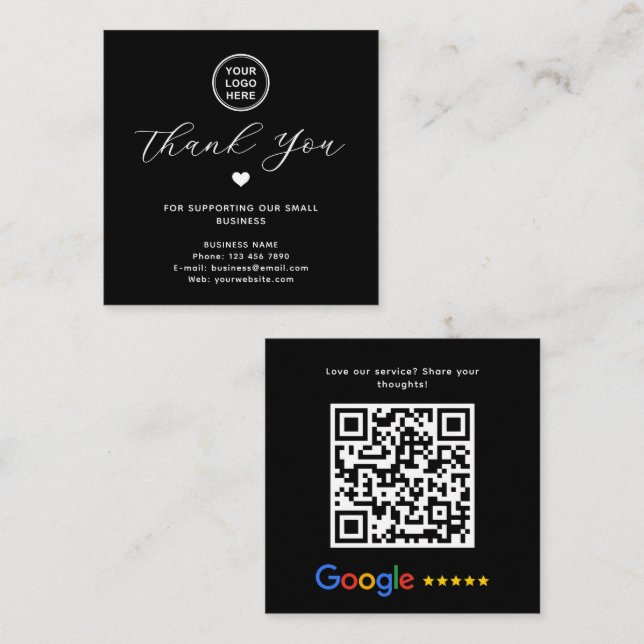 Google Review QR Code Thank You Black Modern Square Business Card (Front/Back)