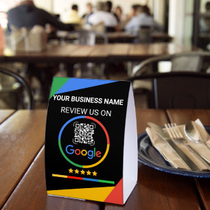 Google Review QR Code with Stars Black Paper Table Tent