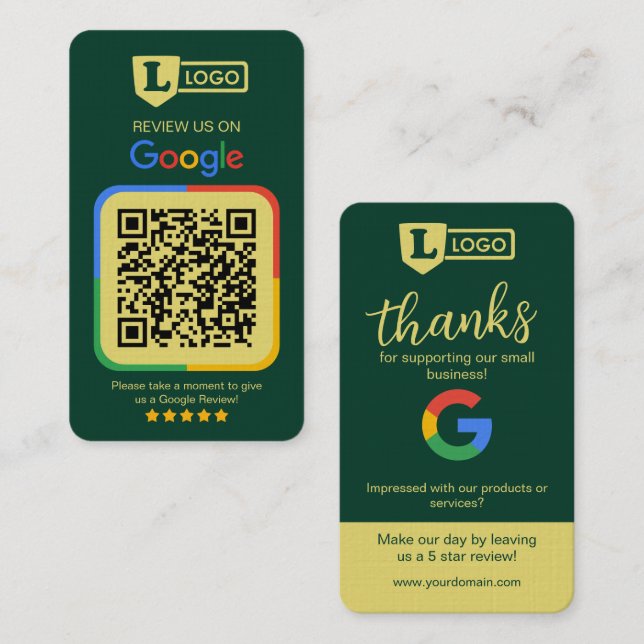Google Review Request Card with QR Code Emerald (Front/Back)